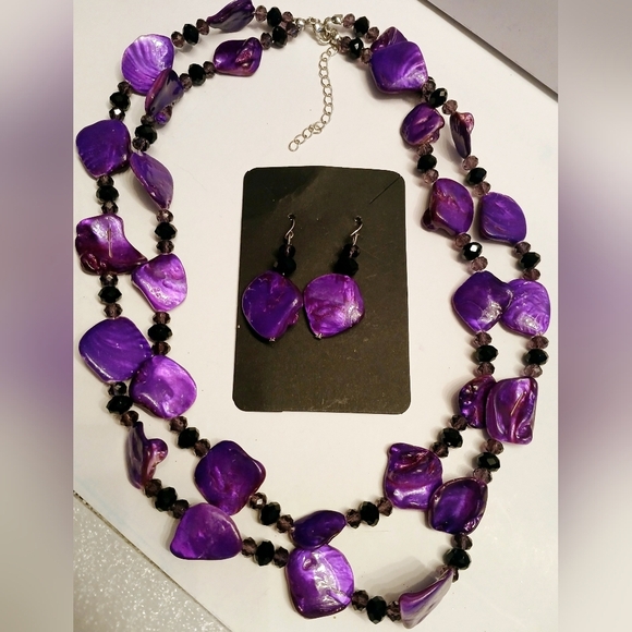 Purple Dyed Mother of Pearl Double Strand Necklace & Earrings Set 22" - Picture 2 of 4
